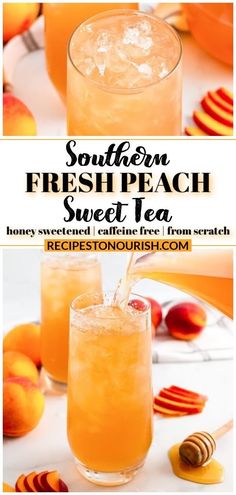 two glasses filled with fresh peach tea on top of a table