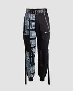 Details: Straight leg pants with belt and chain decorationsLength: LongMaterials:95% Cotton + 5% Spandex