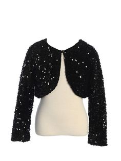 Girls Black Sparkle Sequin Long Sleeve Velvet Bolero 2-14 front SophiasStyle.com Black Shrug For Fall Party, Winter Party Black Shrug, Black Winter Party Shrug, Black Long Sleeve Shrug For Party, Black Evening Shrug For Winter, Velvet Bolero, Bolero Black, Tiered Tulle Skirt, Floral Applique