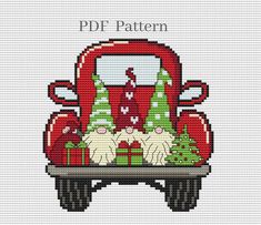 a red truck with christmas trees and presents on the back is featured in this cross stitch pattern