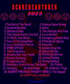 an old computer game screen showing the schedule for scapeartober 1222