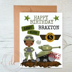 a birthday card with an army soldier and tank