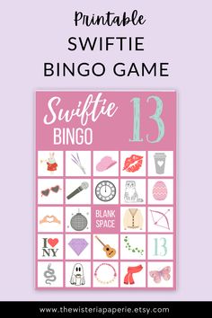 the printable swiffie bingo game is shown in pink and white