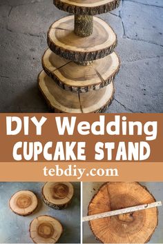 diy wedding cupcake stand made from wood slices