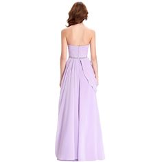 Purple Lavender Long Chiffon Floor Length Bridesmaid Dress         Dress Fabric   Composite Filament Chiffon     Dress Color   (As pictures show)     Dress Length   Full-Length     Sleeve Length   None     Dress Closure   Zipper(Back)     Dress Embellishment   Rhinestones Chain     Dress Elasticity   None     Built-in Chest Pads   Yes     Dress Features     	Strapless  	Sweetheart neckline  	Pleated bodice  	Concealed zipper in the back  	Rhinestones chain decorate waist  	Dress has lining Elegant Lavender Evening Dress For Banquet, Elegant Purple Bridesmaid Dress For Banquet, Purple Floor-length Bridesmaid Dress For Prom, Elegant Floor-length Purple Bridesmaid Dress For Prom, Floor-length Purple Bridesmaid Dress For Prom, Strapless Purple Bridesmaid Evening Dress, Purple Strapless Evening Dress For Bridesmaid, Elegant Lavender Evening Dress For Debutante Ball, Purple Chiffon Prom Dress