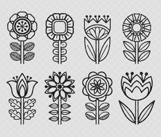 the different types of flowers that can be seen in this drawing tool set, which includes black and white lines