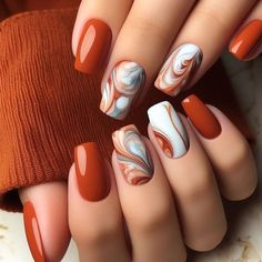 #nailart  #fallnails  #fallnails2022colortrends Grey And Orange Nails, Burnt Orange Nails Designs Fall, Grey Marble Nails, Burnt Orange Fall Nails, Fall Marble Nails, Marble Acrylic Nails, Daisy Nail Art, Aries Women, Glass Nails Art