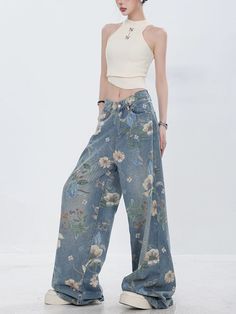 Cute denim pants with a floral design that attracts attention.

This piece is a well-balanced mix of casual and girly elements.

The thick wide silhouette does not emphasize the line of your legs and makes it easy to maintain balance.
◾️Model
Height/Weight：163cm(64.1in)/44kg(97.0lb)
Fitting Size：S





Cm
(inches)

Length
Waist
Hip


S
104(40.9)
62(24.4)
104(40.9)


M
106(41.7)
66(25.9)
108(42.5)


L
108(42.5)
70(27.5)
112(44.0)


XL
110(43.3)
74(29.1)
116(45.6) Casual Mid-rise Bottoms With Floral Print, Baggy Denim Blue Pants For Spring, Spring Baggy Denim Blue Jeans, Mid-rise Denim Bottoms With Floral Print, Mid-rise Cotton Bottoms With Floral Print, Cotton Straight Leg Bottoms With Floral Print, Straight Leg Cotton Bottoms With Floral Print, Mid-rise Cotton Floral Print Bottoms, Mid-rise Floral Print Cotton Bottoms