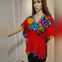 Very Beautiful Embroidery Top. Please See Last Photo With Sizing Info. Item Is One Size. Very Special Item. Red Bohemian Embroidered V-neck Top, Bohemian Red Embroidered V-neck Top, Red Bohemian V-neck Embroidered Top, Bohemian Red Tops With Floral Embroidery, Festive Red Embroidered Top With Floral Embroidery, Red Floral Embroidered Top For Festive Occasions, Festive Red Embroidered Top With Floral Detail, Red Embroidered Floral Top For Festive Occasions, Festive Red Embroidered Floral Top