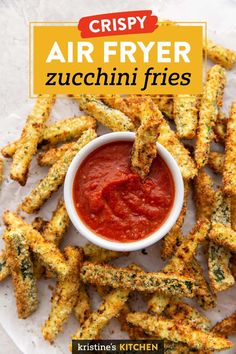 crispy air fryer zucchini fries on a plate with ketchup