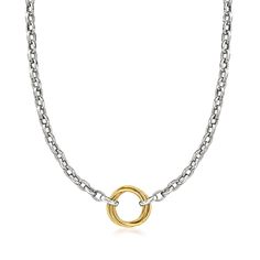 Ross-Simons - Silver, 14kt Yellow Gold Multi-Circle Rolo-Chain Necklace. 20". This isn't just your ordinary chain necklace! Entirely handcrafted, the distinctive design suspends a free-moving trio of 14kt yellow gold circles from a strand of sterling silver rolo links. The two-tone style will make for an intriguing look when layered with other chains. Lobster clasp, sterling silver and 14kt yellow gold multi-circle necklace. Adjustable Round Chain Necklace, Pearl Strands Necklace, Circle Necklace, Rolo Chain, Multi Strand Necklace, Fine Jewellery Necklace, Metal Necklaces, Chains Jewelry, Sterling Silver Necklaces