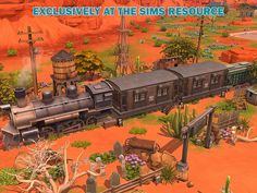 a train traveling through a rural countryside surrounded by trees and rocks, next to a sign that reads exclusively at the sims resources