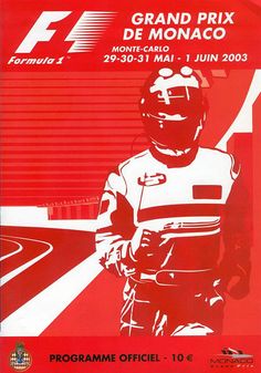 a red poster with a man on a bike in front of a race track and the words grand prix de monaco