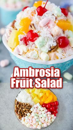 Marshmallow fruit salad made with homemade whipped cream, mixed fruit, pecans, cherries, and shredded coconut. Fruit Salad With Whipped Cream, Pizza Fruit, Ambrosia Recipe, Fruit Salad With Marshmallows, Ambrosia Fruit Salad, Pizza Sugar Cookie, Whipped Cream Desserts, Best Fruit Salad, Ambrosia Salad