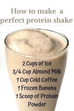 iced coffee protein shake recipe in a glass with information about the ingredients and how to use it