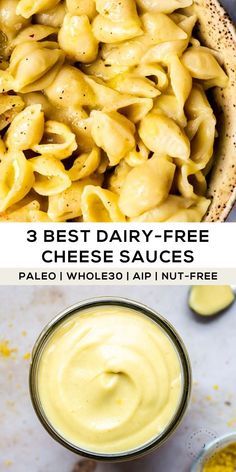 three different types of cheese sauces with text overlay that says, 3 best dairy - free cheese sauces