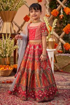 Hot pink and orange attached cancan lehenga with all-over floral Mughal pattern hand painted and printed multi pattern kalis. Comes with coordinated blouse and contrasting dupatta. - Aza Fashions