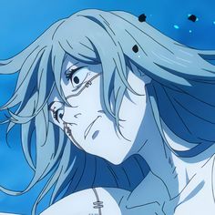 an anime character with long hair and glasses looking at something in the air above her head