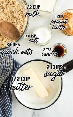 ingredients to make homemade oatmeal in bowls on a white table with text overlay