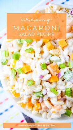 macaroni salad recipe in a bowl with the title overlay