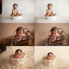 a baby is sitting in a bowl with his hands on his chest and looking at the camera