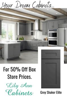 an advertisement for gray shaker cabinets with the words, 50 % off box store prices