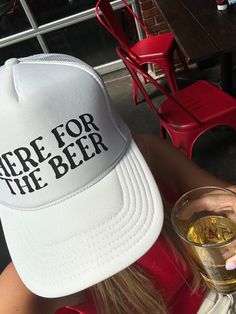 Design is in black and is be made to order on any color hat to fit your team! Here just for the beer for sureeeeee Trucker Hat Designs, Beer Merch, Funny Trucker Hats, Cricut Clothes, Funny Trucker Hat, High Hat, Bachelorette Gift, June Bug, Brand Ideas