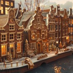 gingerbread houses are lit up on the water