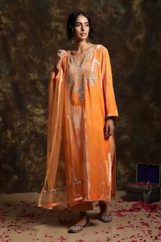 Shop for Kanika Sharma Orange Velvet Kurta Set for Women Online at Aza Fashions Orange Velvet Dress, Velvet Kurta Set, Velvet Kurta, Traditional Attires, Kurta Set For Women, Latest Dress Design, Pakistani Wedding Outfits, New Address, Orange Velvet