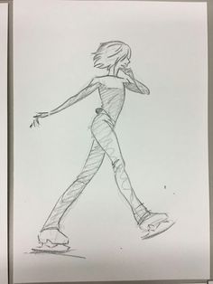 a pencil drawing of a girl skateboarding