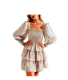 BYINNS WOMENS Lantern Apricot Layered Ruffle Dress Long Sleeve, Ruffle Dress Long, Chiffon Dress Long Sleeve, Tiered Ruffle Dress, White Long Sleeve Dress, Bodice Dress, Chiffon Dress Long, Dress Cake, Ruffles Fashion