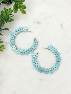 2" Hoop Lead & Nickel Compliant Spring Flower Hoop Earrings, Trendy Spring Hoop Earrings, Trendy Small Hoop Earrings For Spring, Trendy Blue Jewelry For Spring, Trendy Blue Earrings For Spring, Blue Flower-shaped Spring Jewelry, Trendy Blue Hoop Earrings For Spring, Blue Hoop Jewelry For Summer, Spring Turquoise Flower Earrings