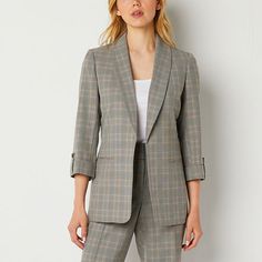 Pair this single-breasted suit jacket from Black Label by Evan-Picone's women's collection with a dress or pants and a blouse for a complete, tailored look. It's made from a checked fabric with three-quarter rolled sleeves, slip pockets and an open front with a shawl collar.Front Style: Single BreastedClosure Type: Open FrontFit: Classic FitPockets: 2 Front Slip PocketsSleeve Length: 3/4 SleeveSleeve Style: Cuffed SleeveApparel Length: 28 InchesFiber Content: 100% PolyesterFabric Description: Wo Spring Tailored Single Button Pantsuit, Spring Tailored Single-button Pantsuit, Spring Fitted Tweed Jacket With Suit Collar, Career Pantsuit With Suit Collar For Fall, Fall Career Pantsuit With Suit Collar, Fall Single-breasted Pantsuit For Career, Tailored Notched Suit For Career, Spring Office Wear Sport Coat With Suit Collar, Tailored Notch Lapel Blazer Dress For Career