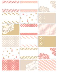 an assortment of pink and gold patterns on white paper with polka dots, stripes, and hearts