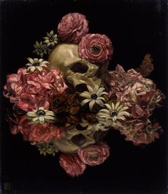 a painting of a skull with flowers in it