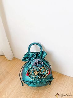 BirdinBag - Womens Small Top Handle Bucket Bag - Embroidered Flower Pattern with Drawstring Closure Green Bags With Floral Embroidery As A Gift, Green Bucket Bag With Removable Pouch As Gift, Green Bucket Bag With Removable Pouch For Gift, Gift Green Bucket Bag With Removable Pouch, Green Details, Novelty Bags, Embroidered Bag, Bag Bag, Small Tops