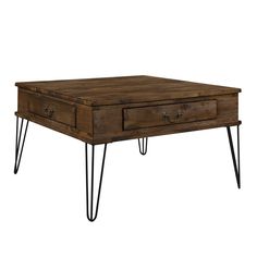 a wooden coffee table with hairpin legs