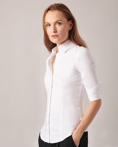 Connie: 3/4 Sleeve Fitted Tailored Shirt | Anne Fontaine Modern Fitted Blouse For Business Casual, Elegant Stretch Shirt For Office Wear, Classic Fitted Office Top, Classic Stretch Shirt For Office Wear, Modern Slim Fit Formal Top, Modern Office Shirt, Classic Fitted Office Tops, Classic Fitted Top For Business Casual, Elegant Fitted Tops With Spread Collar