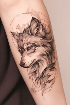 a woman's arm with a wolf tattoo on it