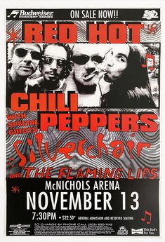 the red hot chili peppers concert poster for their upcoming show, featuring two men and one woman