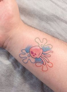 a person's arm with a tattoo on it that has an octopus and water drops coming out of it