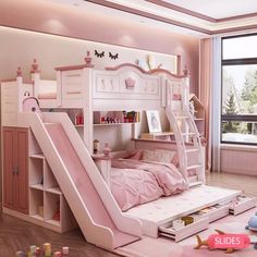 a child's bedroom with a pink slide bed