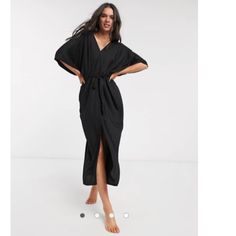 Comfy Long Dress With Drawstring To Accentuate The Waist Black Casual Beach Midi Dress, Black Maxi Dress For Day Out, Black Long Maxi Dress For Day Out, Black Long Daywear Dresses, Long Black Daywear Dress, Long Black Dress For Day Out, Black Midi Beach Dress, Spring Black Maxi Dress With Tie Waist, Black Short Sleeve Maxi Dress For Beach