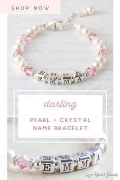 Personalized silver, pearl and Swarovski crystal bracelet, sized perfectly for your sweet little girl. Surround her special name with sparkles and daisies and pearls - oh my! Her bracelet will feature her own name in sterling silver letter-blocks, highlighted by everything sparkly and special, so that she can shine like the darling she is.  https://littlegirlspearls.com/collections/name-bracelets/products/darling-pearls-name-bracelet Elegant Silver Name Bracelet With Letter Beads, Personalized Silver Beaded Bracelet With Name, Personalized Silver Name Beaded Bracelets, Personalized Silver Beaded Bracelets With Name, Personalized Silver Pearl Bracelet For Birthday, Elegant Pink Name Bracelet For Birthday, Silver Beaded Name Bracelets For Birthday, Silver Name Bracelet With Letter Beads For Birthday, Silver Letter Beads Name Bracelet For Birthday