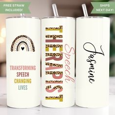 "Stay hydrated and inspired with this beautifully designed speech therapist tumbler, perfect for on-the-go professionals. The tumbler features an uplifting quote, \"Transforming Speech Changing Lives,\" accented with a rainbow and leopard print design, making it both functional and stylish. The high-quality build ensures your drinks stay at the desired temperature, whether hot or cold, making it an ideal choice for daily use. An added bonus, it ships the next day and comes with a free straw for immediate enjoyment! Although this tumbler is not available for personalization, it makes a fantastic ready-to-ship gift for friends or colleagues. This Tumbler makes a unique gift for a friend, loved one, or yourself!.  Featuring beautiful artwork with a gloss finish using sublimated graphics that Speech Therapy Gifts, Speech Language Pathologist Gifts, Therapy Gift, Speech Language Pathologist, Speech Therapist, Speech Language Pathologists, Stay Hydrated, Speech And Language, Speech Therapy