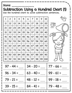 the subtraction using hundred chart worksheet