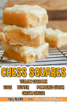 chess squares, with ingredient list. Easy Chess Bars, Chess Cake Squares, Chest Squares Recipe, Toppings For Cream Cheese Block, Chess Cake Recipe Easy, Cream Cheese Squares Yellow Cake Mixes, Chess Cake Recipe, Chess Squares Recipe