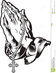 a black and white drawing of a praying hands with a cross on the bottom side