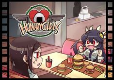 two people sitting at a table with hamburgers