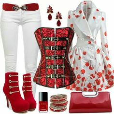 Cute Red And White Outfit, Snow Day Outfit, Red And White Outfits, Corset Outfits, White Outfit, Valentine's Day Outfit, Everyday Dresses, Corsets